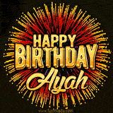 Golden 'Happy Birthday Ayah' text accompanied by animated rainbow fireworks for a festive animated greeting.