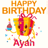 A vibrant and funny gift box character with a happy face dancing with a cupcake and the text 'Happy Birthday Ayah,' surrounded by animated confetti and party vibes.