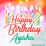 Bright birthday candles with rainbow flames on a cake, alongside the text 'Happy Birthday Ayaka' in vibrant script in this celebratory animated GIF.