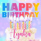 A vibrant animated name GIF with the words 'Happy Birthday Ayaka' with colorful candles on a creamy cake. The background sparkles with pastel shades, adding a festive touch.