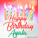 Bright birthday candles with rainbow flames on a cake, alongside the text 'Happy Birthday Ayala' in vibrant script in this celebratory animated GIF.