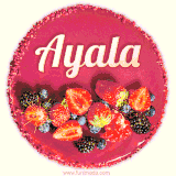 Beautifully decorated red velvet berry birthday cake with vibrant fruits and a glowing 'Ayala' name, adding a touch of sweetness and sparkle.