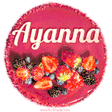 Beautifully decorated red velvet berry birthday cake with vibrant fruits and a glowing 'Ayanna' name, adding a touch of sweetness and sparkle.