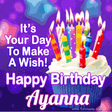 A colorful birthday GIF for Ayanna featuring a cupcake with vibrant lit candles and the text 'It's Your Day to Make a Wish! Happy Birthday Ayanna' in bold letters on a festive purple background.