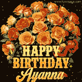 Animated bouquet of orange roses with moving butterfles and golden 'Happy Birthday Ayanna' text, surrounded by sparkling accents and a dark backdrop for a luxurious feel.