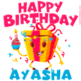 A vibrant and funny gift box character with a happy face dancing with a cupcake and the text 'Happy Birthday Ayasha,' surrounded by animated confetti and party vibes.