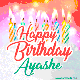 Bright birthday candles with rainbow flames on a cake, alongside the text 'Happy Birthday Ayashe' in vibrant script in this celebratory animated GIF.