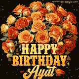 Animated bouquet of orange roses with moving butterfles and golden 'Happy Birthday Ayat' text, surrounded by sparkling accents and a dark backdrop for a luxurious feel.