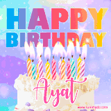 A vibrant animated name GIF with the words 'Happy Birthday Ayat' with colorful candles on a creamy cake. The background sparkles with pastel shades, adding a festive touch.