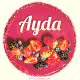 Beautifully decorated red velvet berry birthday cake with vibrant fruits and a glowing 'Ayda' name, adding a touch of sweetness and sparkle.