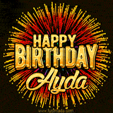 Golden 'Happy Birthday Ayda' text accompanied by animated rainbow fireworks for a festive animated greeting.