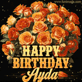 Animated bouquet of orange roses with moving butterfles and golden 'Happy Birthday Ayda' text, surrounded by sparkling accents and a dark backdrop for a luxurious feel.