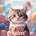 Happy birthday gif for Ayden with cat and cake