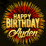 Golden 'Happy Birthday Ayden' text accompanied by animated rainbow fireworks for a festive animated greeting.