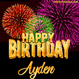 A golden 'Happy Birthday Ayden' message with vibrant fireworks in the background, creating a festive and celebratory vibe in this animated name GIF.