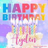 A vibrant animated name GIF with the words 'Happy Birthday Ayden' with colorful candles on a creamy cake. The background sparkles with pastel shades, adding a festive touch.