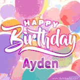 A vibrant name GIF featuring colorful balloons in shades of pink, orange, and yellow with the bold text 'Happy Birthday Ayden' in festive fonts, creating a lively birthday vibe.