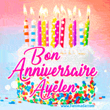 A white birthday cake covered in colorful sprinkles, topped with bright candles, and French text 'Bon Anniversaire Ayelen' on a pastel gradient background in an animated GIF.