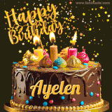 A delightful chocolate birthday cake with bright candles and 'Happy Birthday Ayelen' written in gold amidst a shower of animated stars.