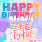 A vibrant animated name GIF with the words 'Happy Birthday Ayelen' with colorful candles on a creamy cake. The background sparkles with pastel shades, adding a festive touch.