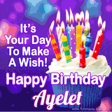 A colorful birthday GIF for Ayelet featuring a cupcake with vibrant lit candles and the text 'It's Your Day to Make a Wish! Happy Birthday Ayelet' in bold letters on a festive purple background.