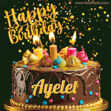 A delightful chocolate birthday cake with bright candles and 'Happy Birthday Ayelet' written in gold amidst a shower of animated stars.