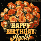 Animated bouquet of orange roses with moving butterfles and golden 'Happy Birthday Ayelet' text, surrounded by sparkling accents and a dark backdrop for a luxurious feel.