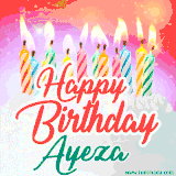 Bright birthday candles with rainbow flames on a cake, alongside the text 'Happy Birthday Ayeza' in vibrant script in this celebratory animated GIF.