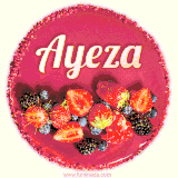 Beautifully decorated red velvet berry birthday cake with vibrant fruits and a glowing 'Ayeza' name, adding a touch of sweetness and sparkle.
