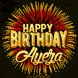 Golden 'Happy Birthday Ayeza' text accompanied by animated rainbow fireworks for a festive animated greeting.