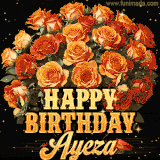 Animated bouquet of orange roses with moving butterfles and golden 'Happy Birthday Ayeza' text, surrounded by sparkling accents and a dark backdrop for a luxurious feel.