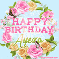 A charming animated GIF featuring 'Happy Birthday Ayeza' in pink and green text, surrounded by delicate roses, leaves, and fluttering butterflies on a soft light blue pastel background.
