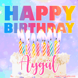 A vibrant animated name GIF with the words 'Happy Birthday Aygül' with colorful candles on a creamy cake. The background sparkles with pastel shades, adding a festive touch.
