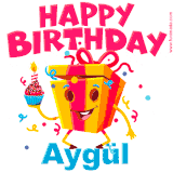 A vibrant and funny gift box character with a happy face dancing with a cupcake and the text 'Happy Birthday Aygül,' surrounded by animated confetti and party vibes.