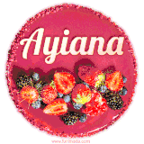 Beautifully decorated red velvet berry birthday cake with vibrant fruits and a glowing 'Ayiana' name, adding a touch of sweetness and sparkle.