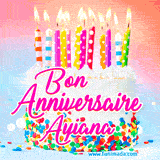 A white birthday cake covered in colorful sprinkles, topped with bright candles, and French text 'Bon Anniversaire Ayiana' on a pastel gradient background in an animated GIF.