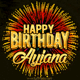 Golden 'Happy Birthday Ayiana' text accompanied by animated rainbow fireworks for a festive animated greeting.