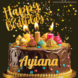 A delightful chocolate birthday cake with bright candles and 'Happy Birthday Ayiana' written in gold amidst a shower of animated stars.
