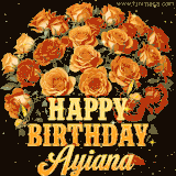 Animated bouquet of orange roses with moving butterfles and golden 'Happy Birthday Ayiana' text, surrounded by sparkling accents and a dark backdrop for a luxurious feel.
