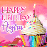 A vibrant birthday GIF featuring a rainbow-colored cupcake topped with white frosting, sprinkles, and a lit candle. The text reads 'Happy Birthday Ayira' in bold pink and violet letters with white outline.