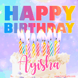A vibrant animated name GIF with the words 'Happy Birthday Ayisha' with colorful candles on a creamy cake. The background sparkles with pastel shades, adding a festive touch.