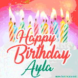 Bright birthday candles with rainbow flames on a cake, alongside the text 'Happy Birthday Ayla' in vibrant script in this celebratory animated GIF.