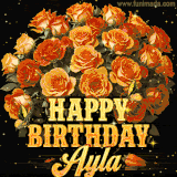Animated bouquet of orange roses with moving butterfles and golden 'Happy Birthday Ayla' text, surrounded by sparkling accents and a dark backdrop for a luxurious feel.