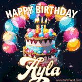 Bright birthday animation for Ayla with a chocolate cake, candles, balloons, and glowing celebratory lights.