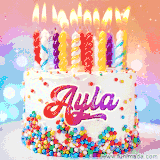 A cheerful white birthday cake with multicolor sprinkles, lit candles, and 'Ayla' written in vibrant letters, in an animated GIF.