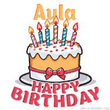 Cartoon birthday cake with a red bow, glowing candles, and 'Ayla Happy Birthday' text in bold animated style.