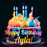 A mesmerizing animated cake with multicolor frosting and candles, and the words 'Happy Birthday Ayla' on the black background.