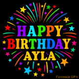 Personalized greeting card with name, colorful text that says 'Happy Birthday Ayla' surrounded by animated fireworks and multicolor stars