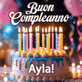Birthday cake topped with pink and yellow lit candles, surrounded by glowing bokeh lights and party balloons. The greeting 'Buon Compleanno Ayla GIF!' is displayed.