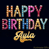 Vibrant luxury birthday greeting card for Ayla, showing glittering gemstone letters and golden calligraphy on a dark background with twinkling shine effects.